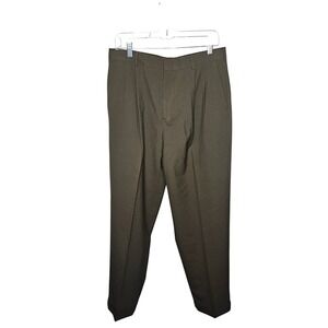 Lands End Mens 33 Regular Olive Green 100% Wool Pleated Cuffed Dress Pants